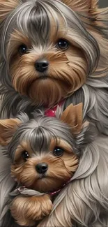 Two adorable Yorkshire Terrier puppies with silky gray fur.