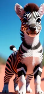 Cute cartoon zebra in a colorful desert setting with flowers and blue sky.