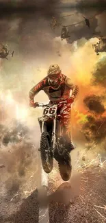 Motorbike racing through explosive fiery scene with helicopters.
