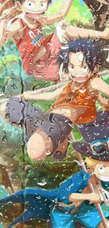 Anime characters in a vibrant rainy forest.