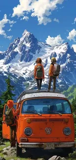 Travelers standing on van in mountain landscape.