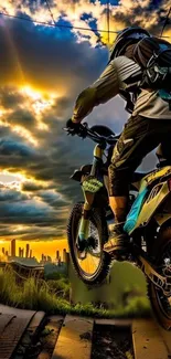 Adventure biker silhouetted against a sunset filled sky.