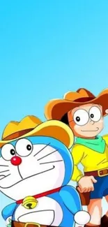 Cartoon duo in cowboy hats on a sky blue background.