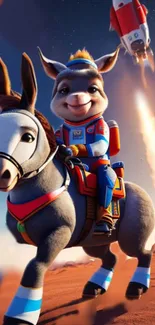 Cartoon animal riding a horse in space with rockets launching.