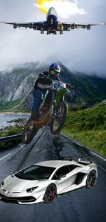 Dynamic wallpaper with plane, motorbike, and car on a mountain road.