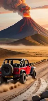 Red Jeep on rugged path with erupting volcano.
