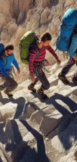 Hikers climbing rocky mountain trail with heavy backpacks.