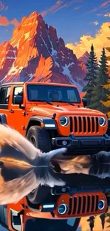 Orange Jeep driving by mountains and water.