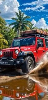 Red Jeep splashing through water in tropical jungle setting.
