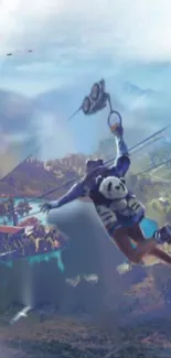 Character in panda suit soaring above scenic landscape with vibrant blue sky.