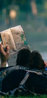 Person holds a map while lying outdoors, evoking travel aspirations.