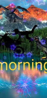 Vibrant morning scene with dragons and a biker over a lake and mountains.