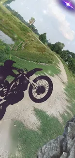 Silhouette of a motorcycle on a scenic trail background.