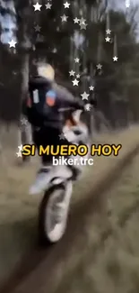 Biker riding through a forest trail with a dynamic motion blur effect.