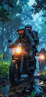 Two motorcycles in a lush forest path, an adventure ride.