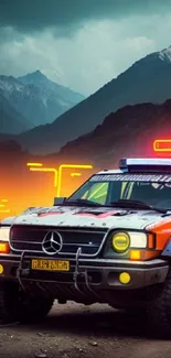 Mountain rescue off-road car with neon lights and rugged terrain background.