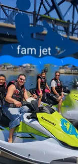 Family enjoying jet skiing adventure on a sunny day with vibrant colors.