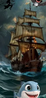 Pirate ship in stormy ocean with cartoon shark and bat.