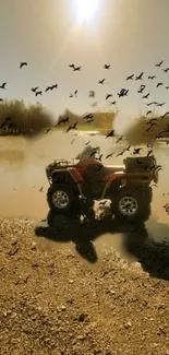 Quad bike by a lake with birds flying in a serene, sunlit landscape.