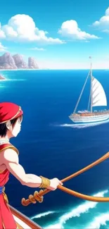 Anime archer watching a ship sail on a sparkling blue ocean.