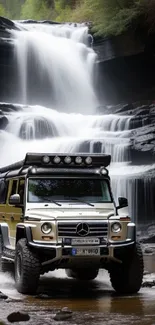 SUV driving through a scenic waterfall landscape, showcasing adventure and nature.