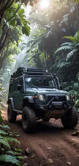 Off-road Jeep navigating jungle trail with sunlight