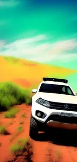 SUV off-roading in vibrant sandy dunes under a vivid blue sky.