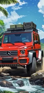Red SUV navigating a tropical stream in a lush landscape.