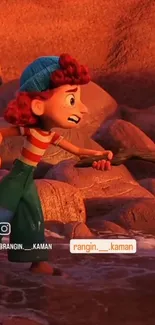 Animated character on rocky beach holding a stick.