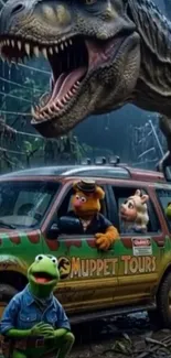Muppet characters in a car chased by dinosaur