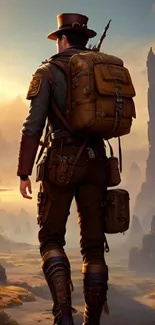 Adventurer with backpack in scenic mountain landscape at sunset.