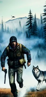 Adventurer and wolves running in misty forest.