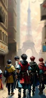 Colorful adventurers walking in a Parisian street towards the Eiffel Tower.