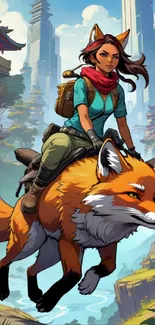 Anime girl rides a mystical fox in a vibrant fantasy setting.