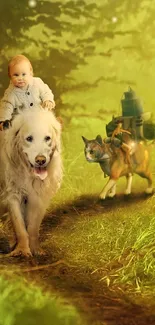 Adventurous scene of a baby riding a dog with a cat in a forest.