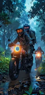 Motorcyclists ride through a vibrant forest under a blue sky.