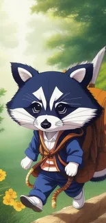 Cartoon raccoon in forest, carrying a backpack.