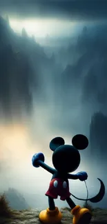 Silhouette of a famous cartoon character with a misty, adventurous background.