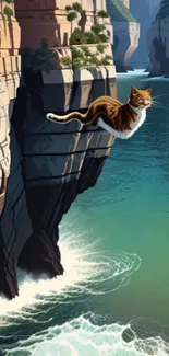 Cat leaping off a cliff into turquoise waters with scenic background.