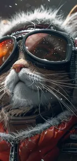 Artistic wallpaper of cat wearing winter goggles.
