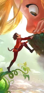 Fantasy art of a climber confronting a giant on a beanstalk.