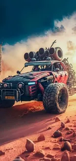 Rugged off-road car speeding through the desert in a dynamic wallpaper.