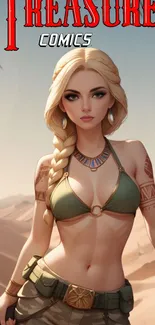 Comic-themed desert scene with bold female character and tattoos.