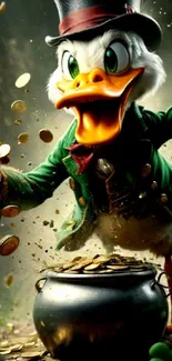 Cartoon duck in top hat surrounded by flying coins.