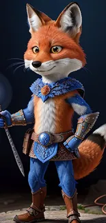 Fantasy fox warrior with blue armor holding a glowing staff.