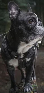 Curious black French Bulldog in a lush forest setting.