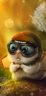 A cute hamster wearing goggles prepares for an adventurous flight.