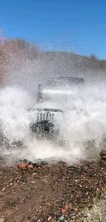 Jeep creating a dramatic water splash in nature.