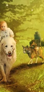 Baby on dog in magical forest scene with backpacked cat.