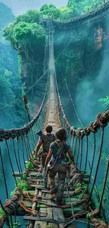 Two adventurers cross a rope bridge over lush jungle.